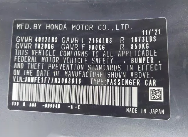 JHMFE1F77NX008616 2022 2022 Honda Civic- EX 9