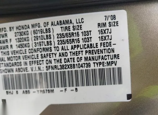 5FNRL382X8B104739 2008 2008 Honda Odyssey- LX 9