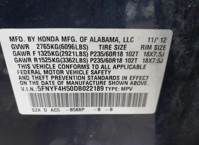 5FNYF4H50DB022189 2013 2013 Honda Pilot- Ex-L 9