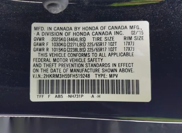 2HKRM3H59FH519248 2015 2015 Honda CR-V- EX 9