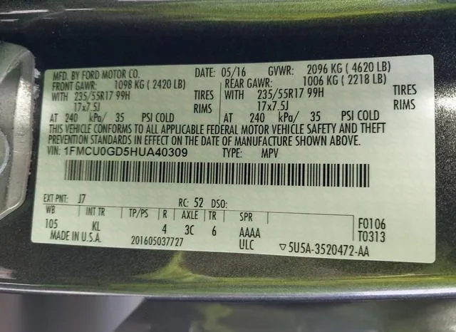 1FMCU0GD5HUA40309 2017 2017 Ford Escape- SE 9