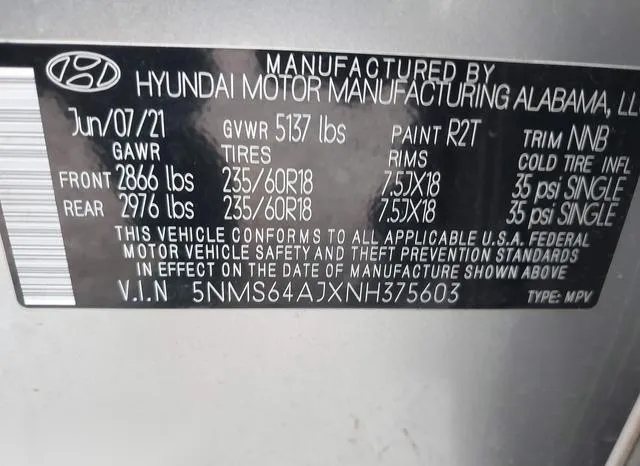 5NMS64AJXNH375603 2022 2022 Hyundai Santa Fe- Sel 9