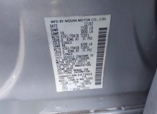 1N6BA07C98N347005 2008 2008 Nissan Titan- Pro-4X/Xe 9