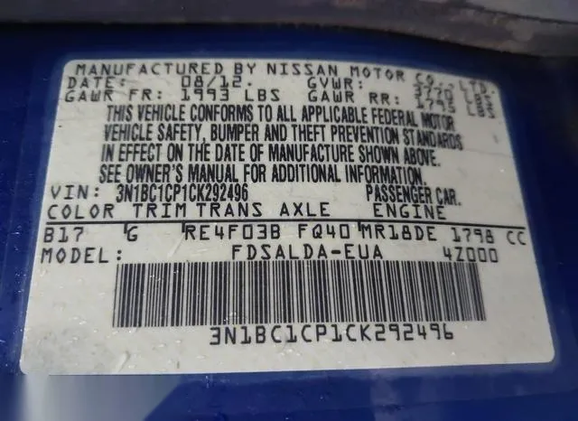 3N1BC1CP1CK292496 2012 2012 Nissan Versa- 1-8 S 9