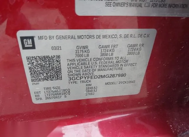 3GCPYFED2MG287980 2021 2021 Chevrolet Silverado 1500 9