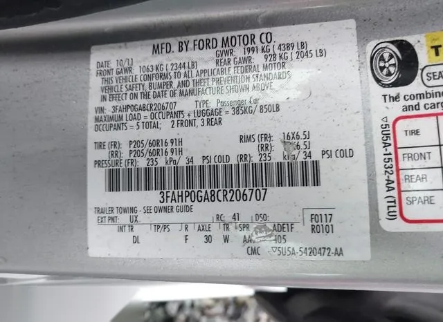 3FAHP0GA8CR206707 2012 2012 Ford Fusion- S 9