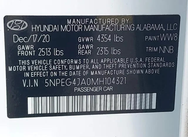 5NPEG4JA0MH104321 2021 2021 Hyundai Sonata- SE 9