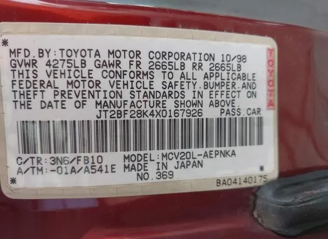 JT2BF28K4X0167926 1999 1999 Toyota Camry- Le V6 9