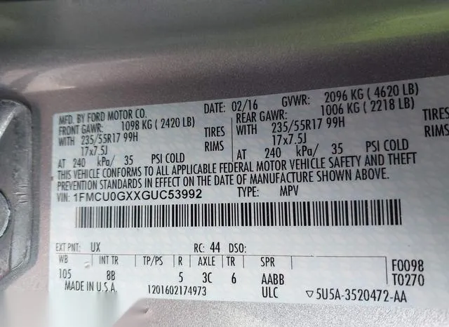 1FMCU0GXXGUC53992 2016 2016 Ford Escape- SE 9