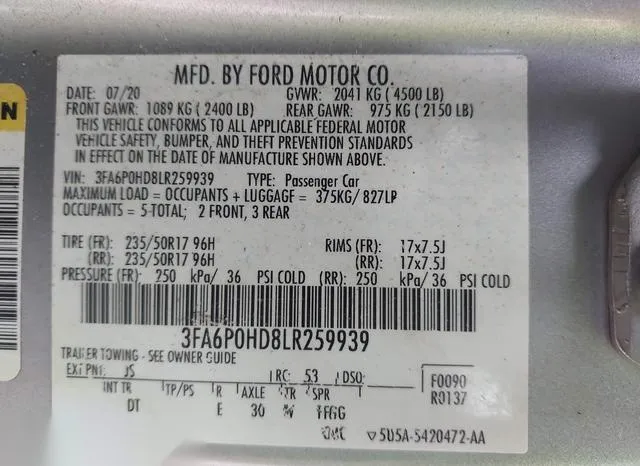 3FA6P0HD8LR259939 2020 2020 Ford Fusion- SE 9