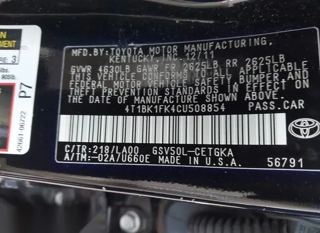 4T1BK1FK4CU508854 2012 2012 Toyota Camry- Xle V6 9