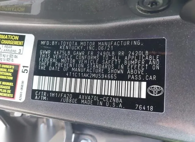 4T1C11AK2MU594665 2021 2021 Toyota Camry- LE 9