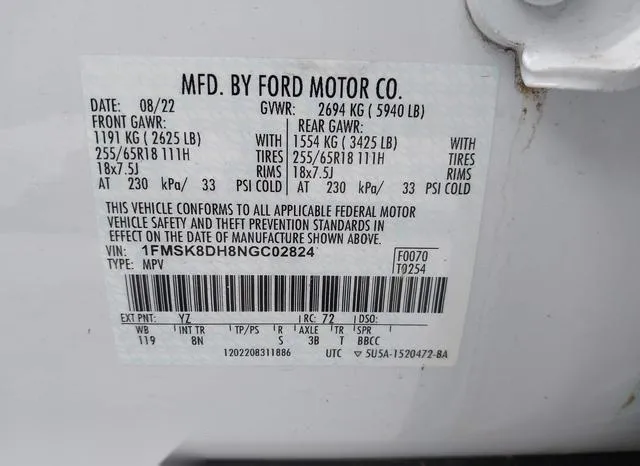 1FMSK8DH8NGC02824 2022 2022 Ford Explorer- Xlt 9