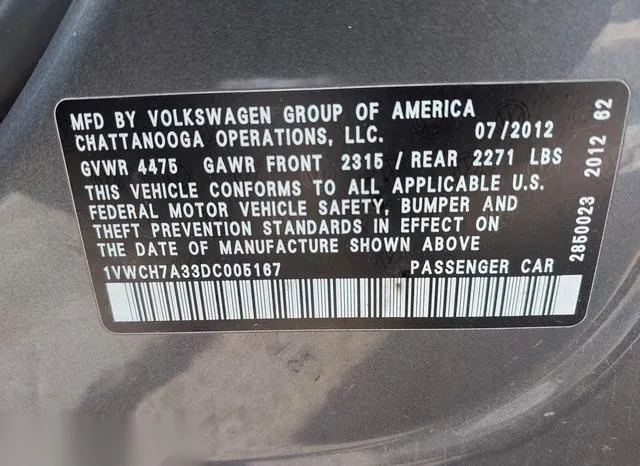 1VWCH7A33DC005167 2013 2013 Volkswagen Passat- 2-5L Sel 9