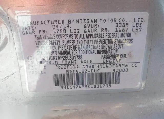 3N1CN7AP2EL801738 2014 2014 Nissan Versa- 1-6 SV 9