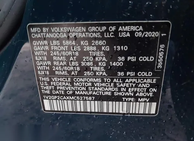 1V2GP2CAXMC527587 2021 2021 Volkswagen Atlas- 2-0T S 9