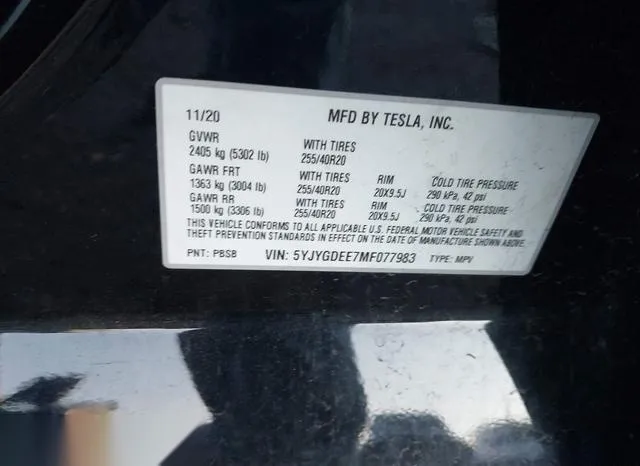 5YJYGDEE7MF077983 2021 2021 Tesla Model Y- Long Range Dual 9