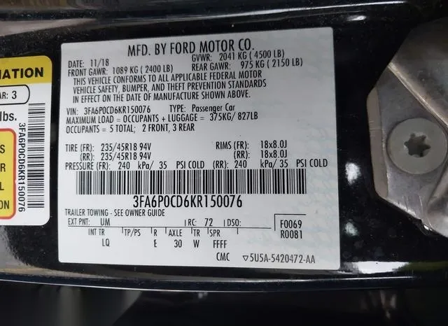 3FA6P0CD6KR150076 2019 2019 Ford Fusion- Sel 9