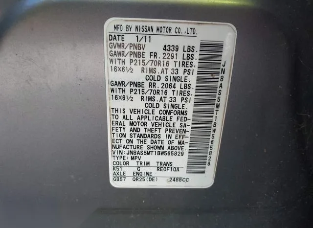 JN8AS5MT1BW565829 2011 2011 Nissan Rogue- S 9