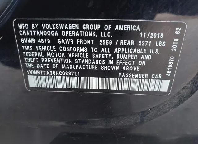 1VWBT7A30HC033721 2017 2017 Volkswagen Passat- 1-8T Se 9