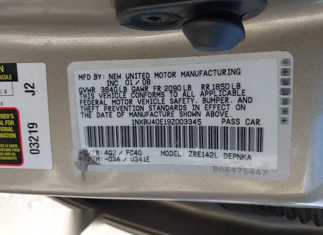 1NXBU40E19Z003345 2009 2009 Toyota Corolla- Xle 9