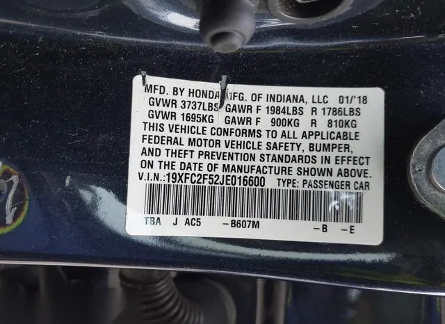 19XFC2F52JE016600 2018 2018 Honda Civic- LX 9