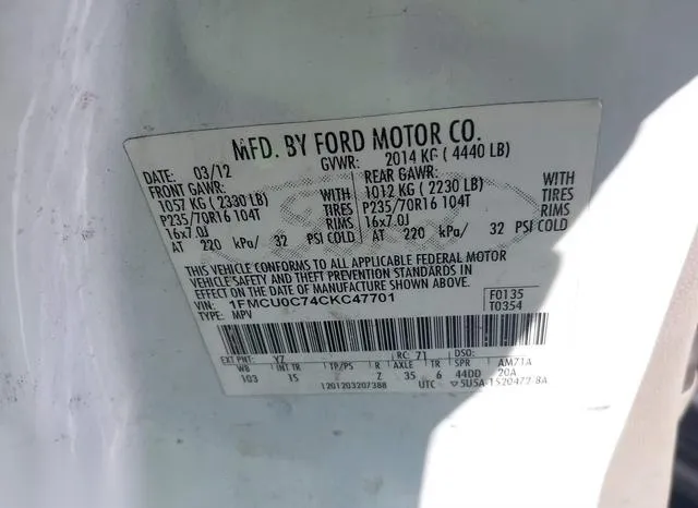 1FMCU0C74CKC47701 2012 2012 Ford Escape- Xls 9