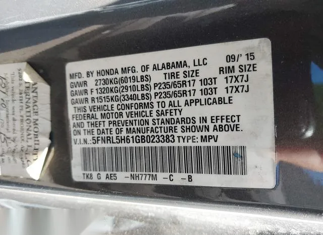 5FNRL5H61GB023383 2016 2016 Honda Odyssey- Ex-L 9