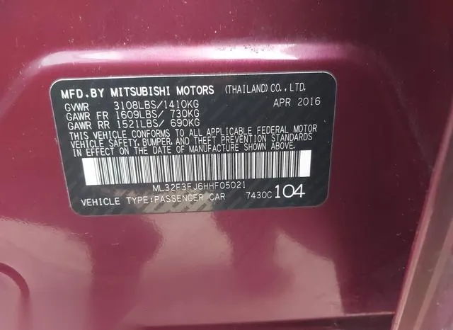 ML32F3FJ6HHF05021 2017 2017 Mitsubishi Mirage- G4 ES 9