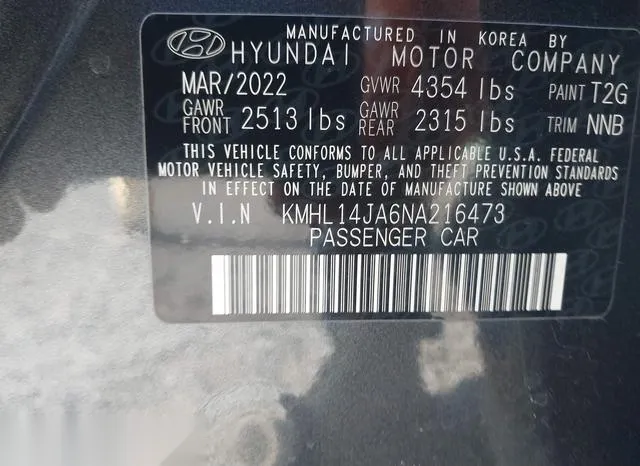 KMHL14JA6NA216473 2022 2022 Hyundai Sonata- Sel 9