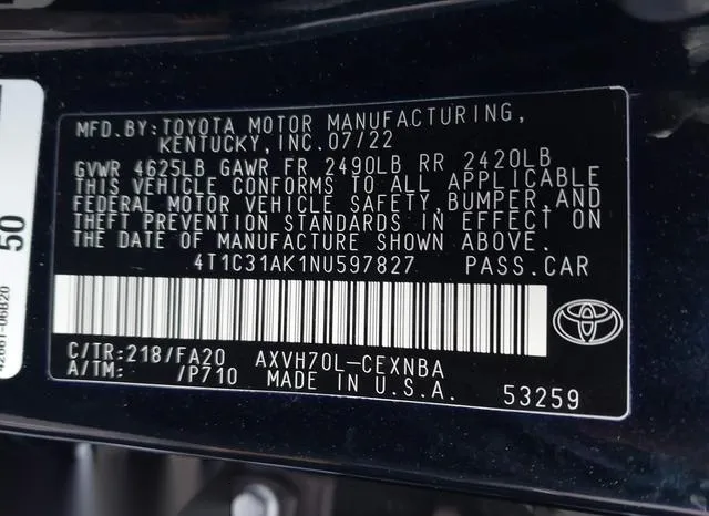 4T1C31AK1NU597827 2022 2022 Toyota Camry- Le Hybrid 9