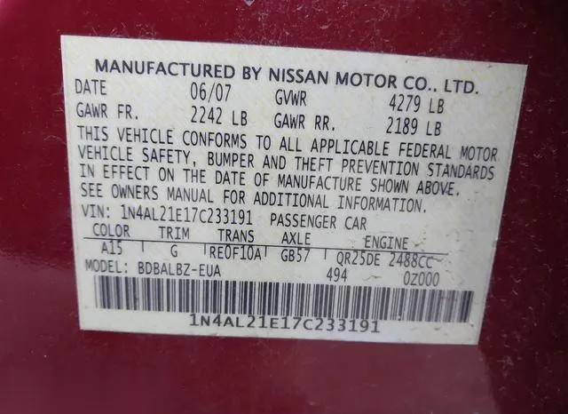 1N4AL21E17C233191 2007 2007 Nissan Altima- 2-5 S 9