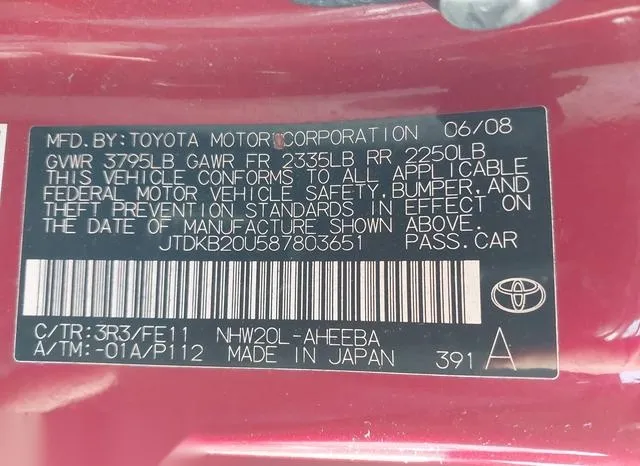 JTDKB20U587803651 2008 2008 Toyota Prius 9