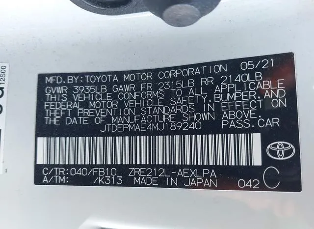 JTDEPMAE4MJ189240 2021 2021 Toyota Corolla- LE 9