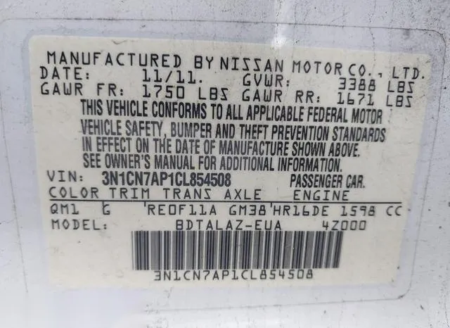 3N1CN7AP1CL854508 2012 2012 Nissan Versa- 1-6 S 9