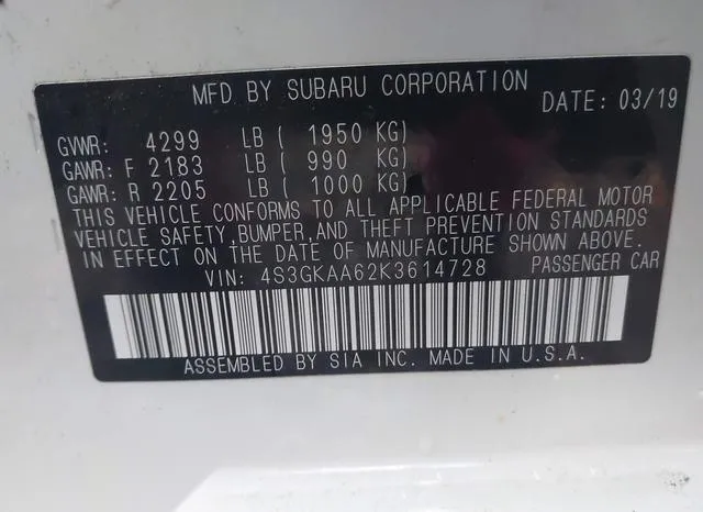 4S3GKAA62K3614728 2019 2019 Subaru Impreza- 2-0I 9