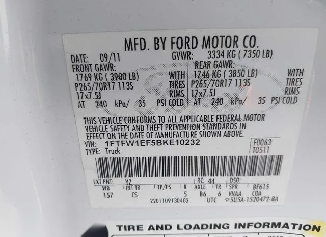 1FTFW1EF5BKE10232 2011 2011 Ford F-150- XL 9