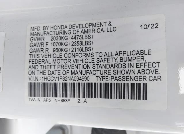 1HGCV1F32NA094990 2022 2022 Honda Accord- Sport 9