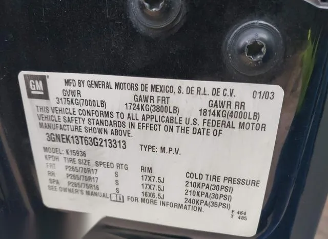 3GNEK13T63G213313 2003 2003 Chevrolet Avalanche 1500 9