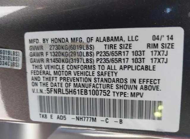 5FNRL5H61EB100752 2014 2014 Honda Odyssey- Ex-L 9