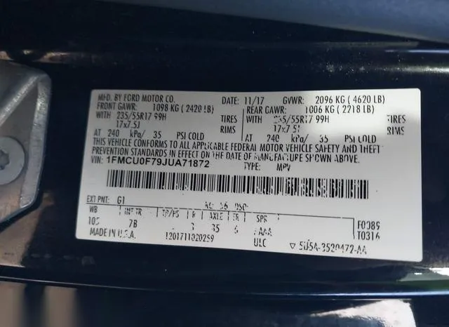 1FMCU0F79JUA71872 2018 2018 Ford Escape- S 9