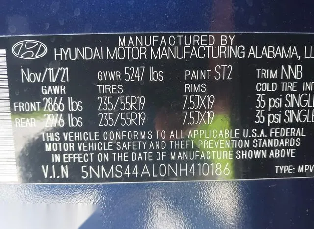 5NMS44AL0NH410186 2022 2022 Hyundai Santa Fe- Limited 9