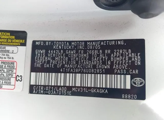 4T1FA38P76U082851 2006 2006 Toyota Camry- Solara Sle 9