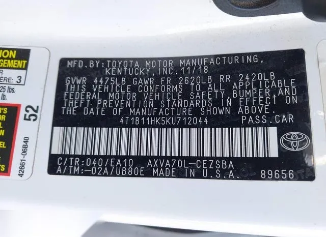 4T1B11HK5KU712044 2019 2019 Toyota Camry- SE 9