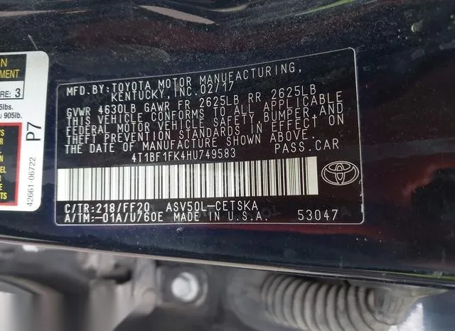 4T1BF1FK4HU749583 2017 2017 Toyota Camry- SE 9