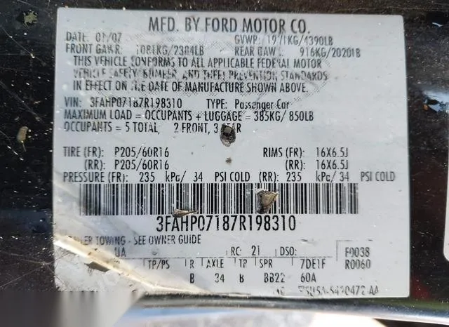 3FAHP07187R198310 2007 2007 Ford Fusion- SE 9