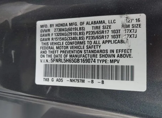 5FNRL5H65GB169074 2016 2016 Honda Odyssey- Ex-L 9