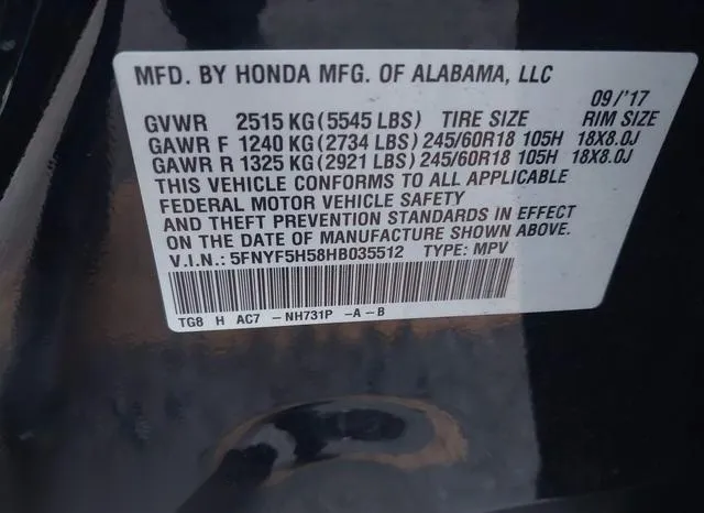 5FNYF5H58HB035512 2017 2017 Honda Pilot- Ex-L 9