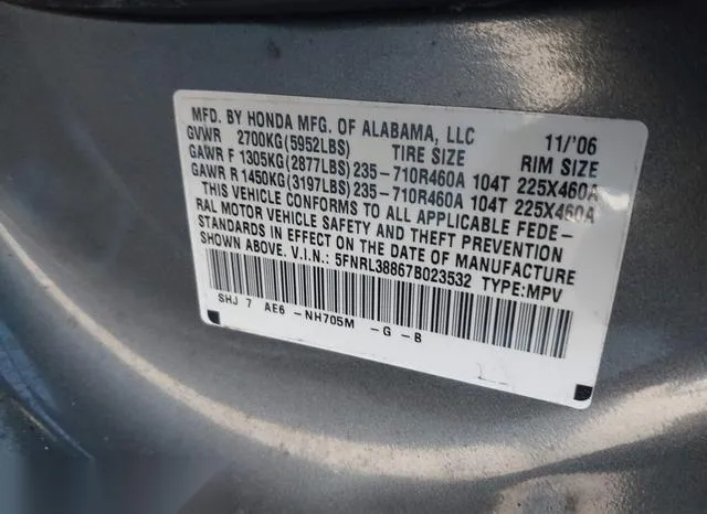 5FNRL38867B023532 2007 2007 Honda Odyssey- Touring 9