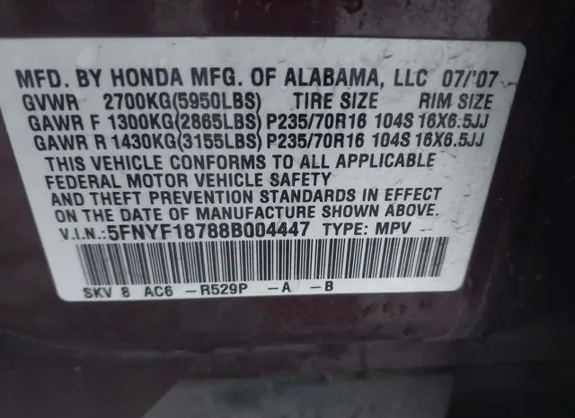 5FNYF18788B004447 2008 2008 Honda Pilot- Ex-L 9